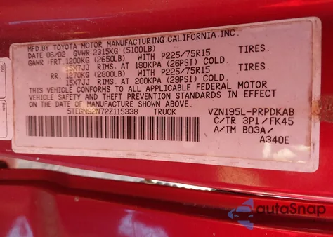 2002 Toyota Tacoma Prerunner V6 z USA, uszkodzony, nr VIN 5TEGN92N72Z115338